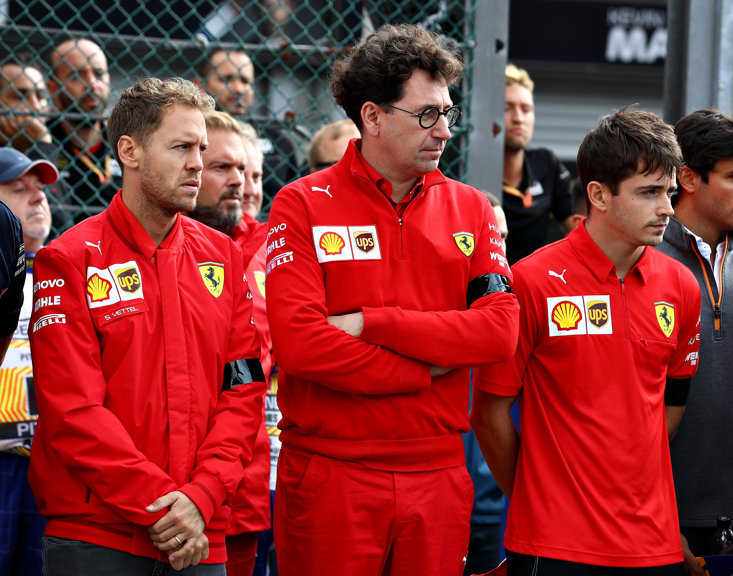 (left to right) Sebastian Vettel, Mattia Binotto & Charles Leclerc