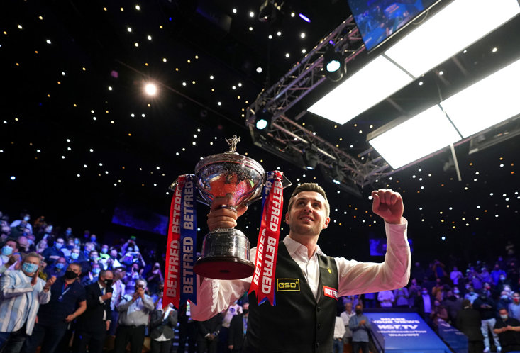 Mark Selby celebrates winning last year's Betfred World Championship