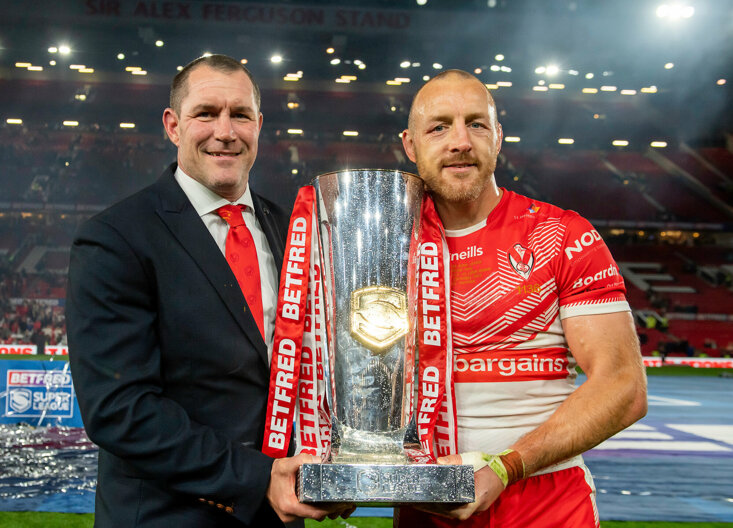Departing St Helens boss Kristian Woolf and captain James Roby 